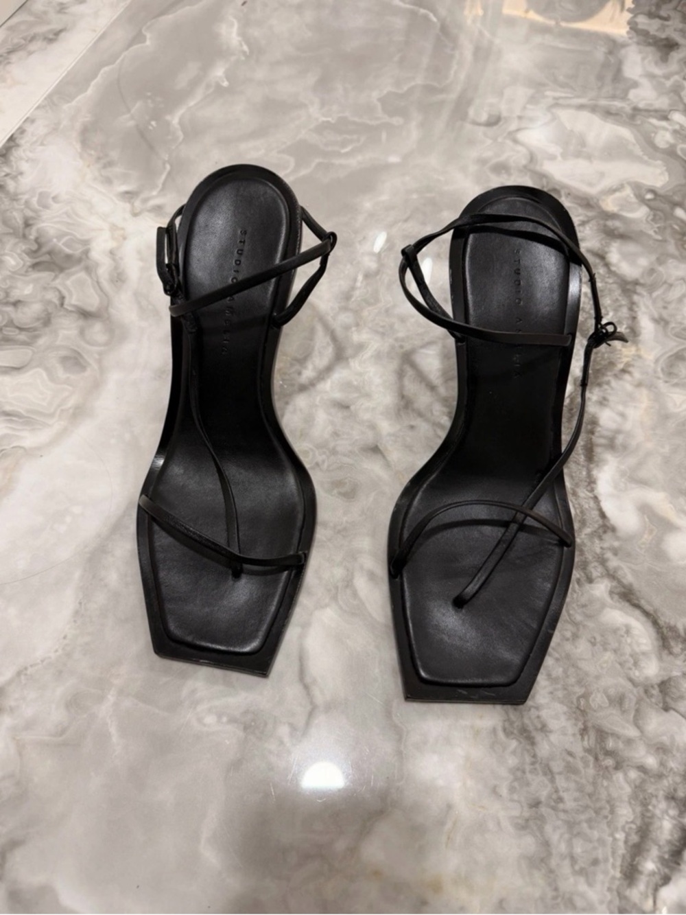 STUDIO AMELIA Black Strappy Square-Toe Heeled Sandals, NO BOX